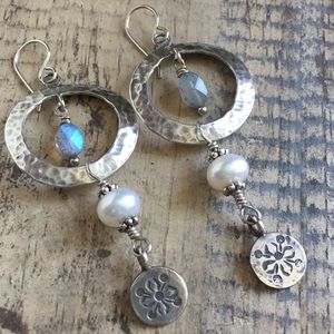 Sterling silver pearl labradorite hoop earrings